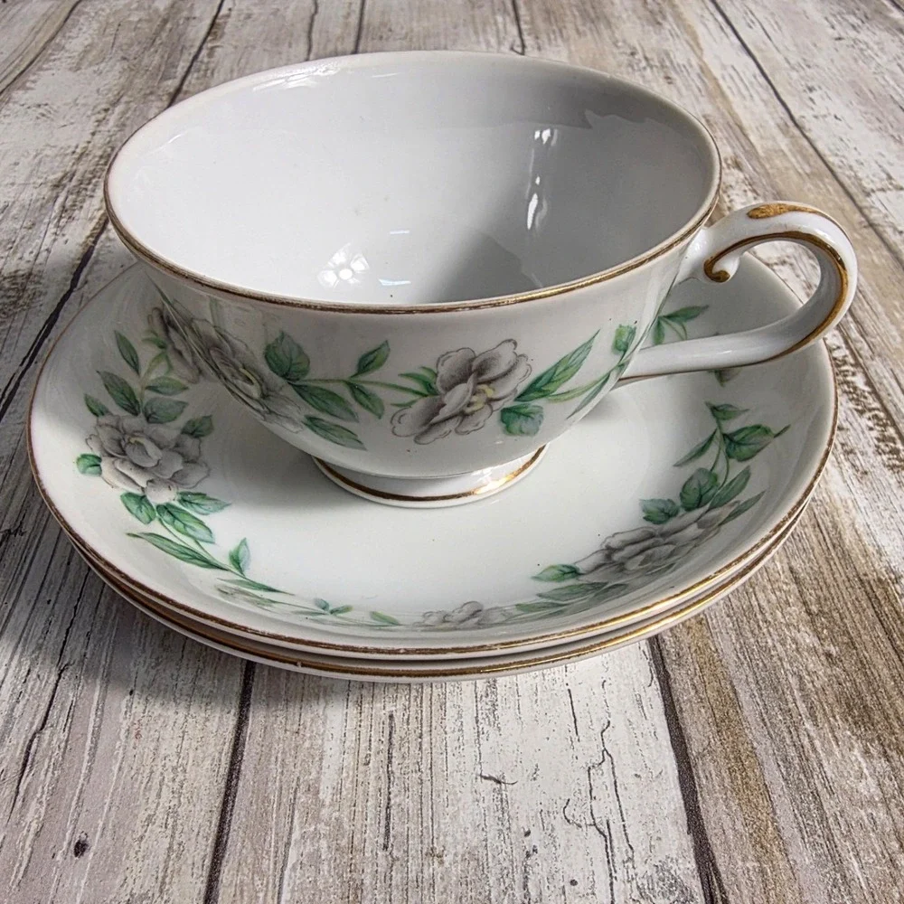 Regal China Virginia Tea Cup and Saucer Set White Floral Gold Trim 3 Piece Japan
